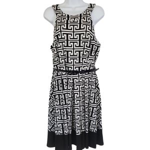 Tiana B Womens 12 Shift Dress Black White Print Belted Sleeveless Stretch